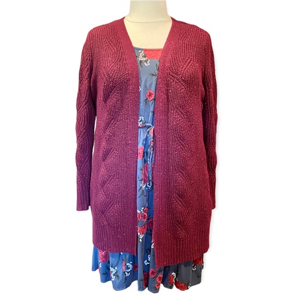 CJ Banks Sweaters - 1X Cardigan long line open front cable knit cotton blend wine burgundy